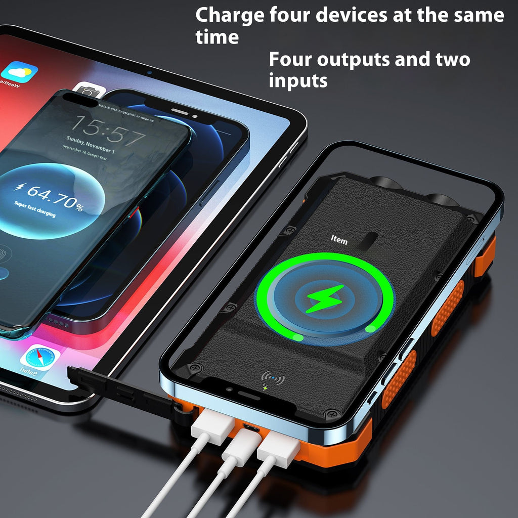 20000mAh Solar Power Bank Wireless Charger Fast Charging Waterproof Outdoor Portable