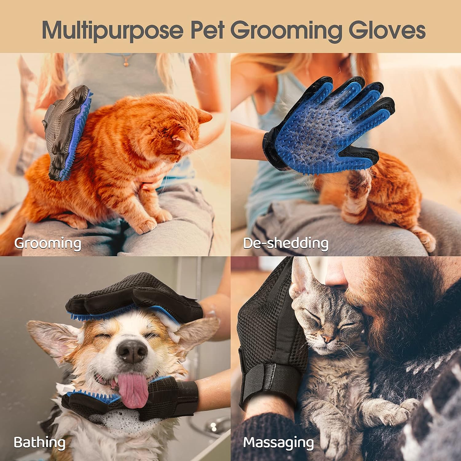 Pet Grooming Gloves for Cats & Dogs - Deshedding Brush Mitt Pair - Hair Remover & Massaging Glove
