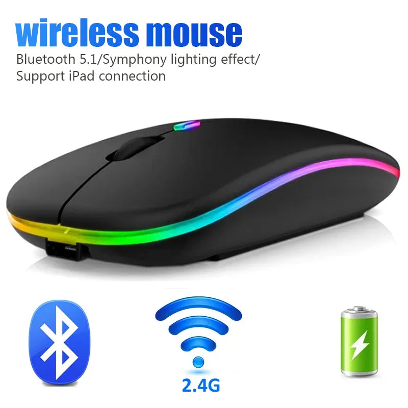 Wireless Rechargable Bluetooth Mouse - Silent Click, RGB Light, Ergonomic Design