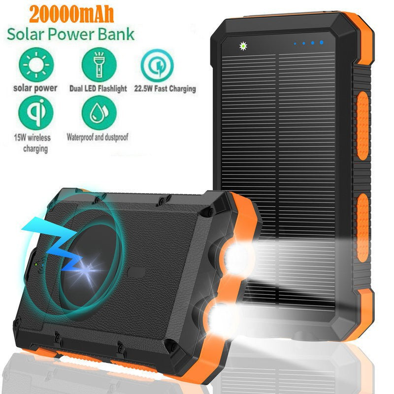 20000mAh Solar Power Bank Wireless Charger Fast Charging Waterproof Outdoor Portable