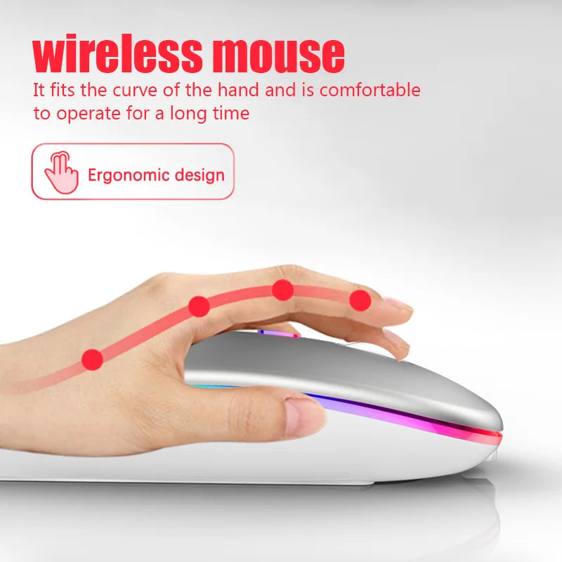 Wireless Rechargable Bluetooth Mouse - Silent Click, RGB Light, Ergonomic Design