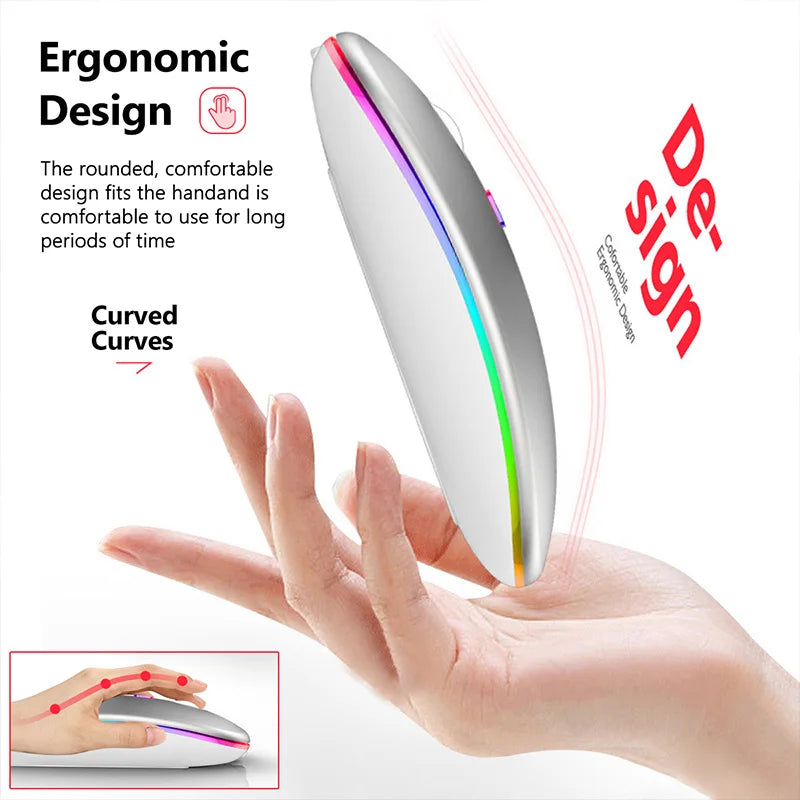 Wireless Rechargable Bluetooth Mouse - Silent Click, RGB Light, Ergonomic Design