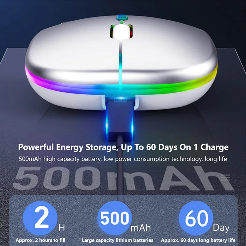 Wireless Rechargable Bluetooth Mouse - Silent Click, RGB Light, Ergonomic Design